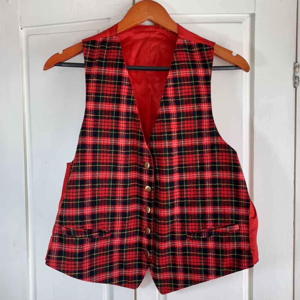 Women's Christmas Vest Reversible Plaid Red Holiday Gold‎ Button Front Pockets